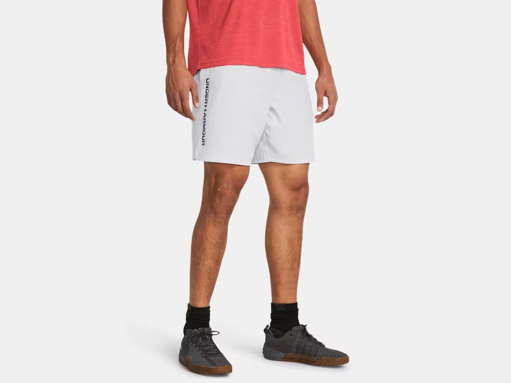 MAIN IMAGE OF UNDER ARMOUR MENS UA TECH™ WOVEN WORDMARK SHORT IN HALO GRAY/BLACK SMALL 8.25&quot;