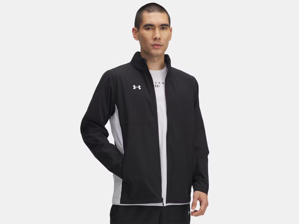 MAIN IMAGE OF UNDER ARMOUR MENS UA RIVAL STRETCH WOVEN FULL ZIP SWEATER IN BLACK/WHITE/WHITE SMALL