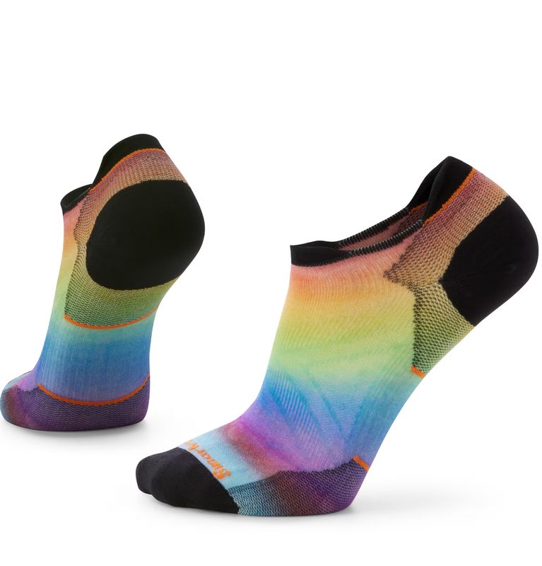 FULL VIEW OF SMARTWOOL MENS RUN ZERO CUSHION PRIDE RAINBOW PRINT LOW ANKLE SOCKS WITH MERINO WOOL