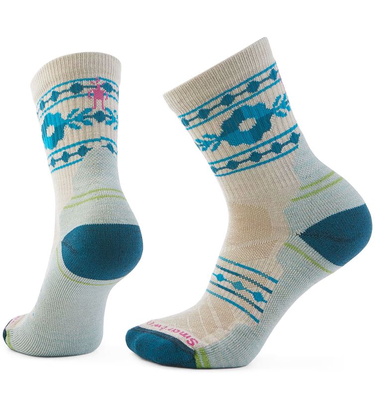 FULL VIEW OF SMARTWOOL WOMENS HIKE LIGHT CUSHION RETRO FLORAL MID CREW SOCKS WITH BREATHABILITY