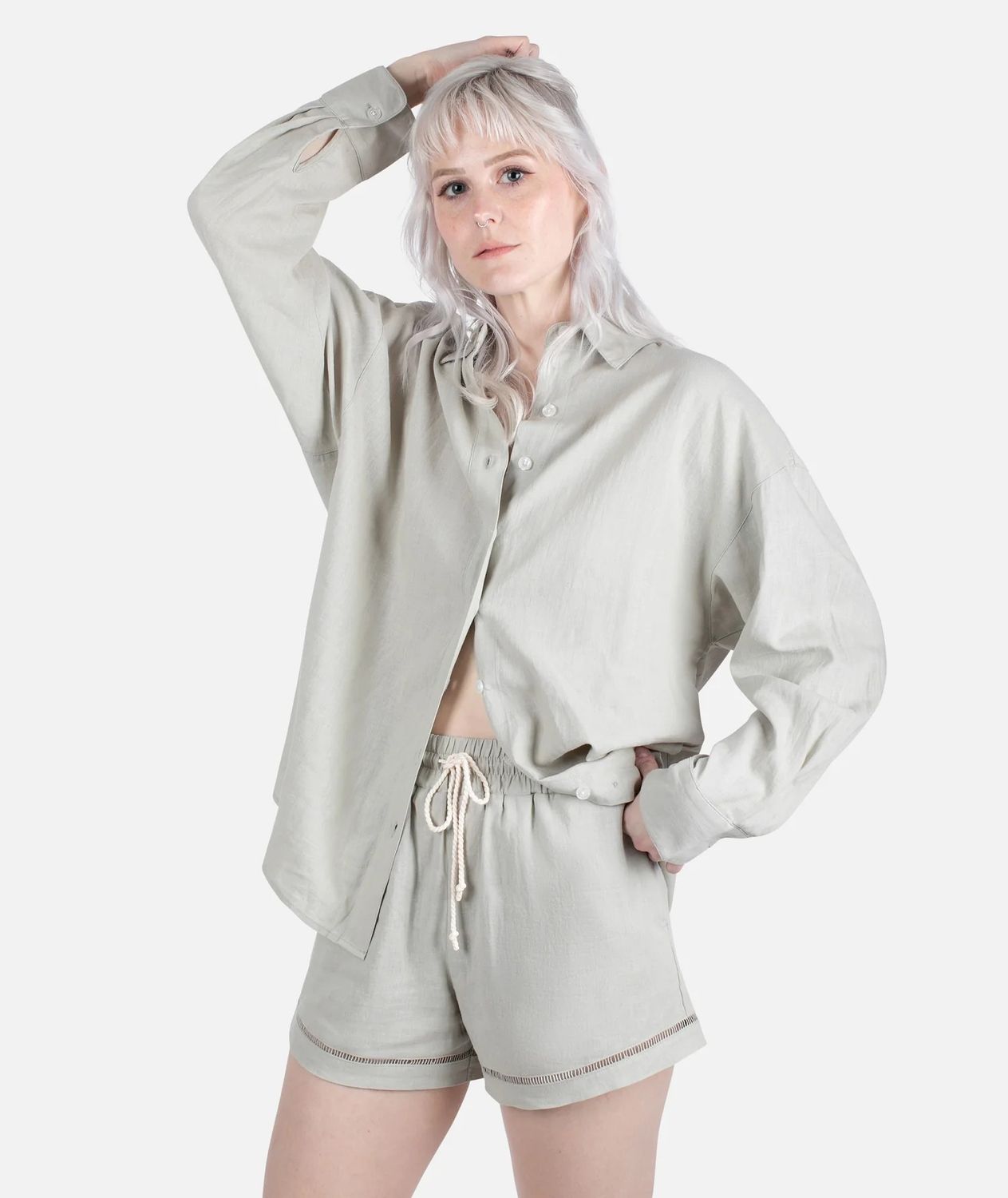 MAIN IMAGE OF JETTY WOMENS ATLANTIS OVERSIZED LONG SLEEVE SHIRT IN SAGE GREEN XS WITH SOFT LINEN