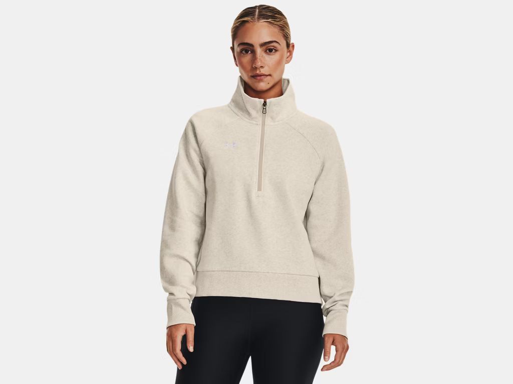 UNDER ARMOUR WOMENS UA RIVAL FLEECE 1/2 ZIP SWEATER 25, Color: OATMEAL LIGHT HEATHER/WHITE, Size: XS