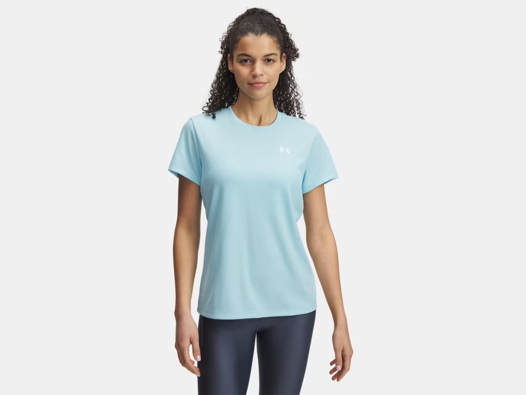 UNDER ARMOUR WOMENS TECH RIB SHORT SLEEVE SHIRT 25, Color: STREAM/WHITE, Size: XS