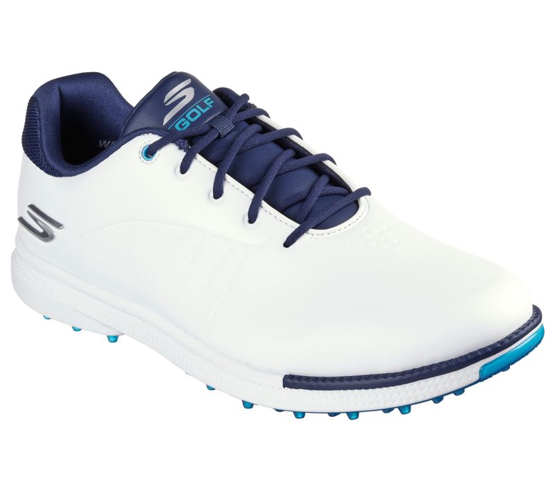 FRONT VIEW OF SKECHERS MENS TEMPO GF GOLF SHOES WITH WATERPROOFING AND SUPERIOR TRACTION