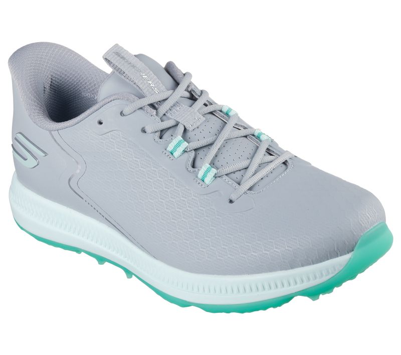 FRONT VIEW OF SKECHERS WOMENS GO GOLF ELITE 6 GOLF SHOES WITH WATERPROOFING AND CUSHIONED INSOLE