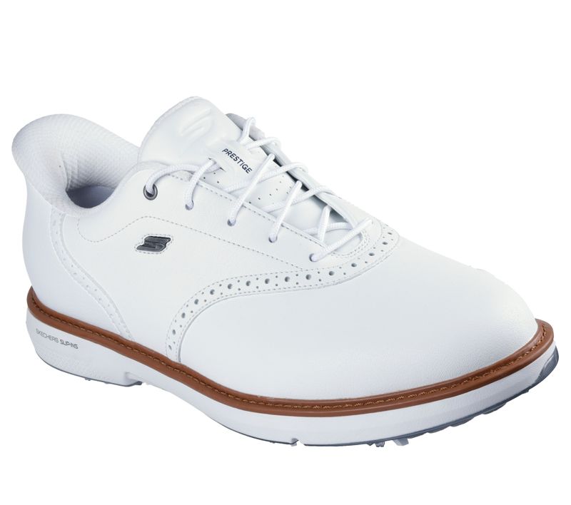FRONT VIEW OF SKECHERS MENS GO GOLF PRESTIGE GOLF SHOES WITH COMFORT AND SPIKED FOR MAXIMUM GRIP