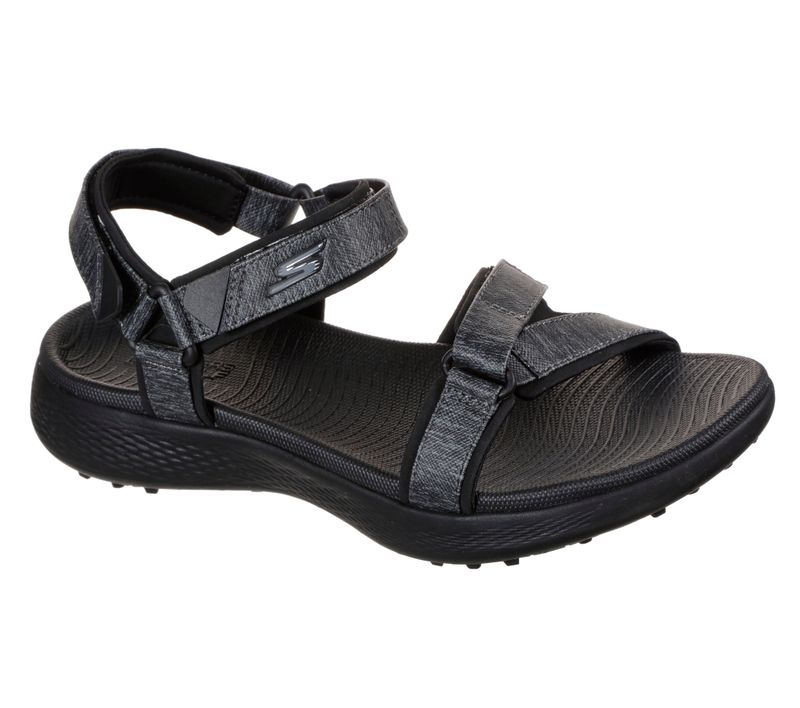 FRONT VIEW OF SKECHERS WOMENS GO GOLF 600 SPIKELESS GOLF SANDALS WITH CUSHIONING AND ABSORBS IMPACT