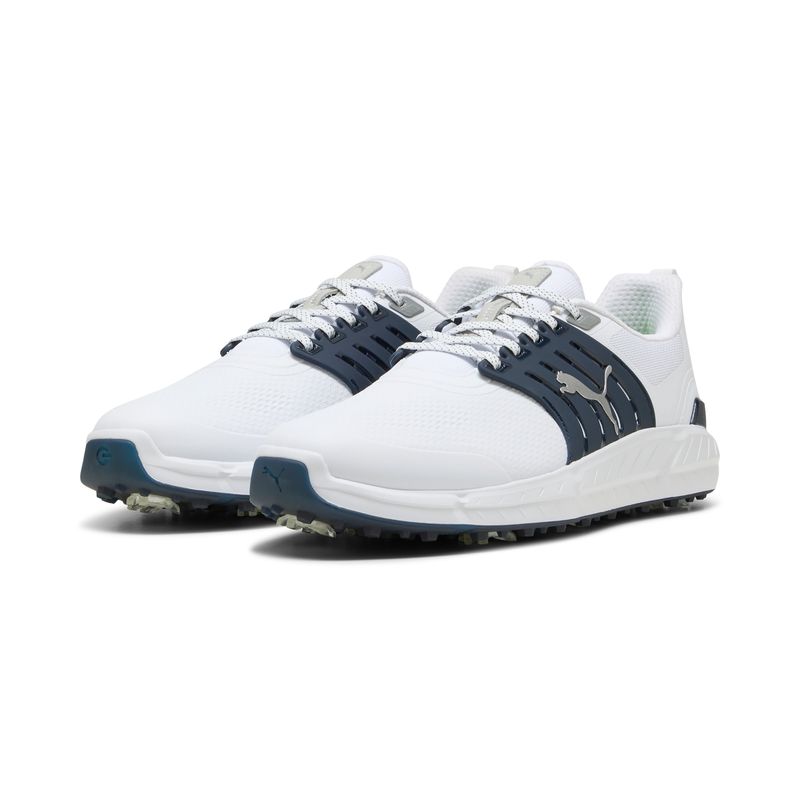 FRONT VIEW OF PUMA MENS IGNITE ELEVATE 2 TOUR GOLF SHOES WITH WATERPROOFING AND ALL-DAY COMFORT
