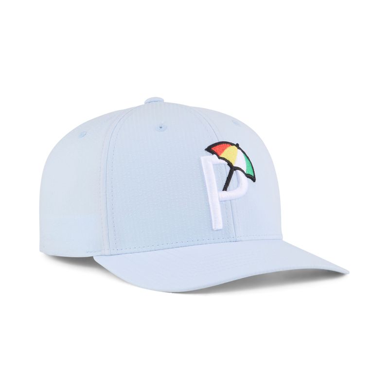 FRONT VIEW OF PUMA MENS ARNOLD PALMER SEERSUCKER 6 PANEL HAT WITH ADJUSTABLE FIT AND LIGHTWEIGHT