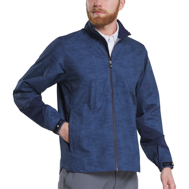 FRONT VIEW OF FOOTJOY MENS HYDROLITE X RAIN JACKET WITH 100% WATERPROOF SHELL AND SEAM SEALED