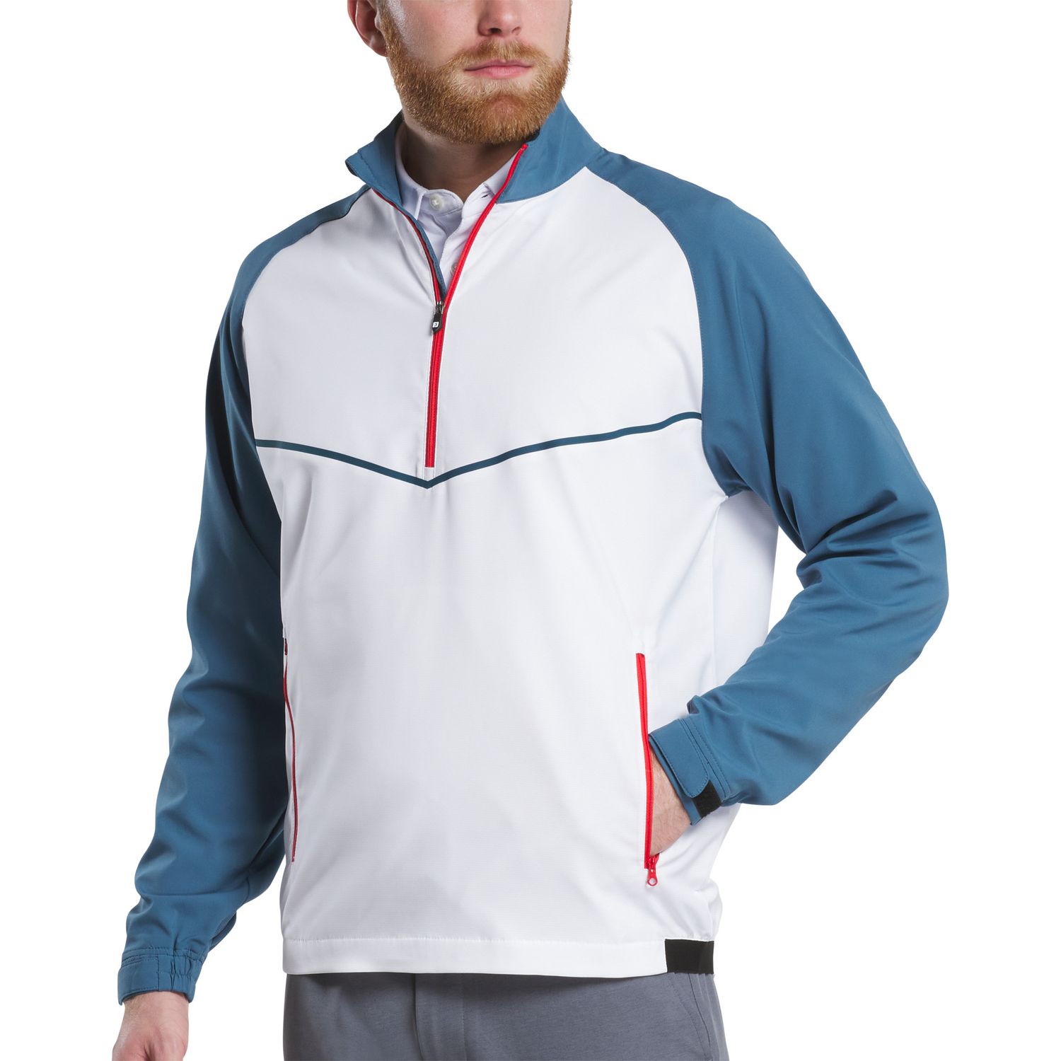 MAIN IMAGE OF FOOTJOY MENS ZEPHYR LONG SLEEVE WINDSHIRT COLD WEATHER WEAR IN DENIM/WHITE LARGE