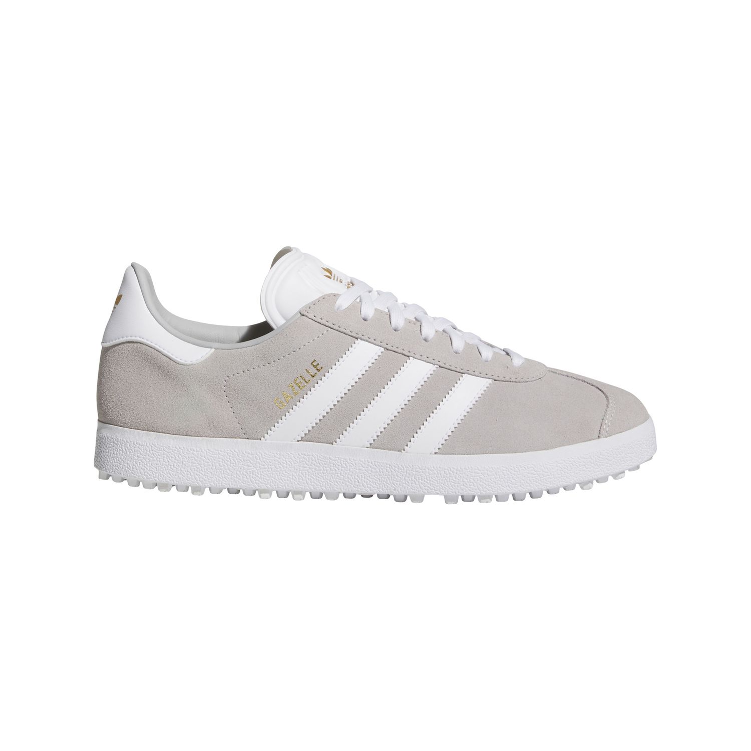 MAIN IMAGE OF ADIDAS MENS GAZELLE GOLF GOLF SHOES IN GREY TWO/WHITE/GOLD METALLIC 10