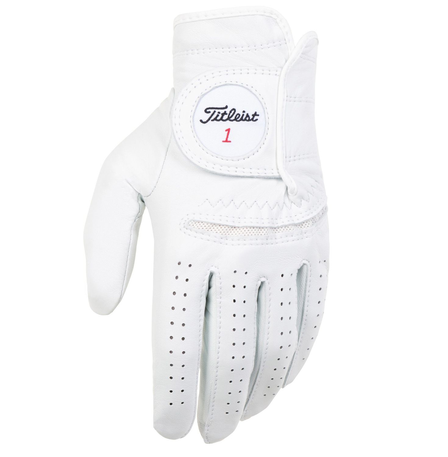 BACK OF HAND VIEW OF TITLEIST MENS PERMA-SOFT GOLF GLOVE WITH DURABILITY AND COOLMAX® MESH PANEL