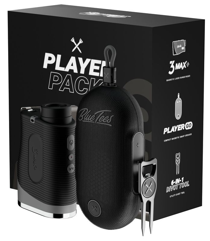FRONT VIEW OF BLUE TEES PLAYER PACK GO (SERIES 3 MAX+, PLAYER GO SPEAKER, DIVOT TOOL) RANGEFINDER