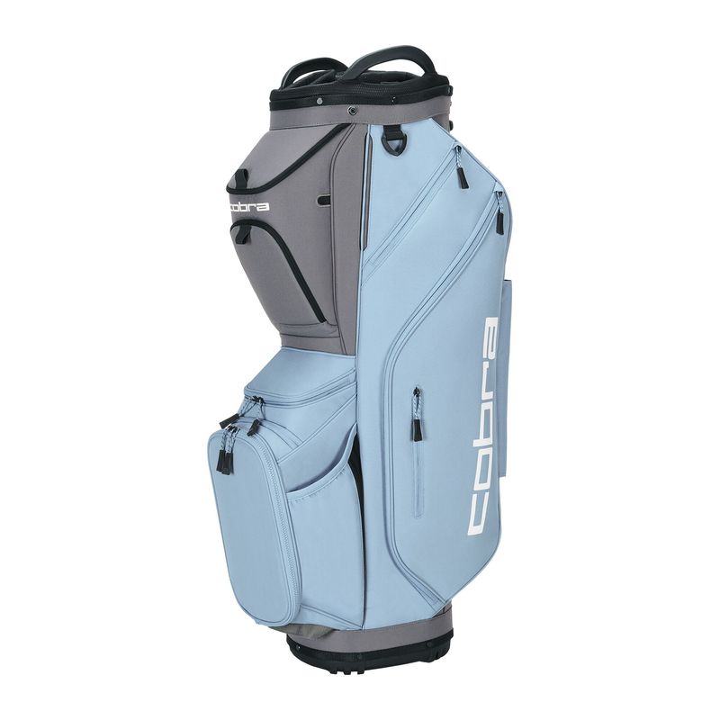 LEFT VIEW OF COBRA UNISEX ULTRALIGHT PRO 14-WAY CART BAG WITH RAIN HOOD AND MAGNETIC POCKETS