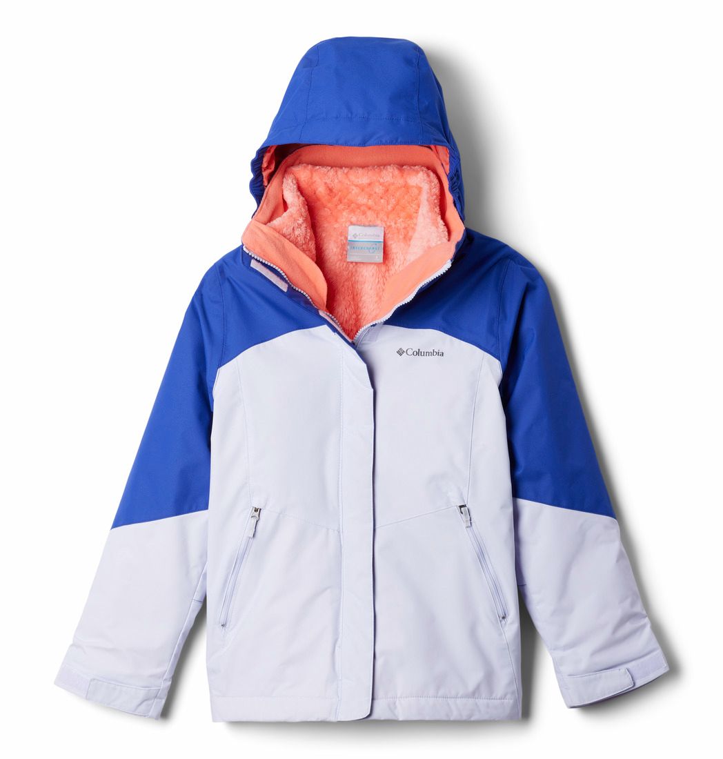 COLUMBIA YOUTH GIRLS BUGABOO™ III FLEECE INTERCHANGE WINTER JACKET 25, Color: SNOWDRIFT/CLEMATIS BLUE/HOT CORAL, Size: XXS