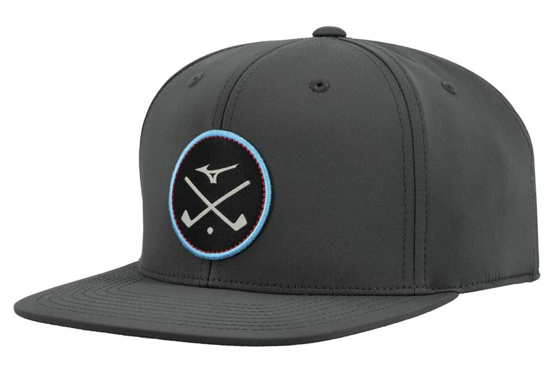 FRONT VIEW OF MIZUNO MENS CROSSED CLUBS SNAPBACK HAT WITH ADJUSTABLE SNAPBACK CLOSURE