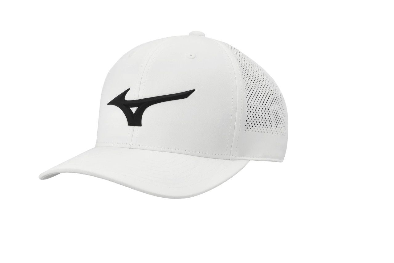 MAIN IMAGE OF MIZUNO MENS TOUR VENT SNAPBACK HAT IN WHITE/BLACK ADJUSTABLE WITH LIGHTWEIGHT FABRIC