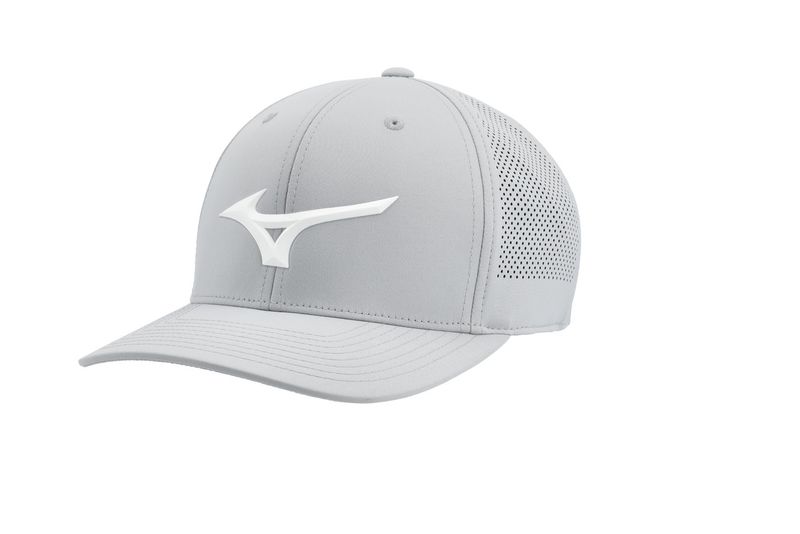 FRONT VIEW OF MIZUNO MENS TOUR VENT SNAPBACK HAT WITH LIGHTWEIGHT FABRIC AND MOISTURE WICKING
