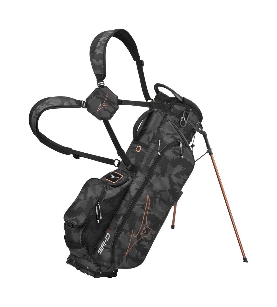 MAIN IMAGE OF MIZUNO UNISEX BR-D3 4-WAY STAND BAG IN BLACK CAMO/COPPER WITH LIGHTWEIGHT