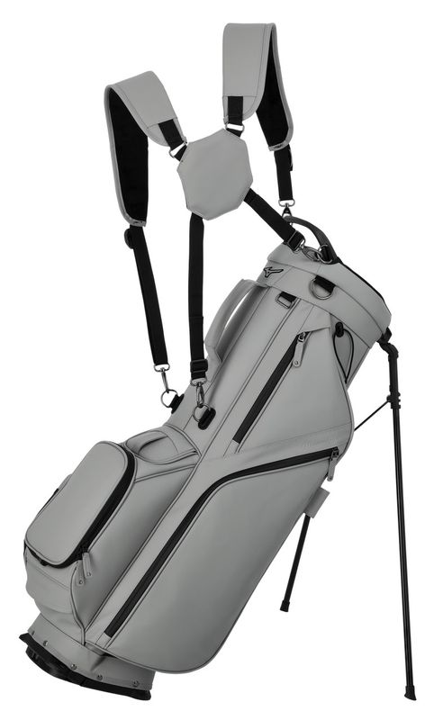 STAND VIEW OF MIZUNO UNISEX PRO 5-WAY STAND BAG WITH PREMIUM MATERIALS AND UMBRELLA HOLDER