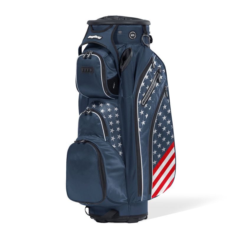 FRONT VIEW OF BAG BOY REVOLVER XP 14-WAY CART BAG WITH SUPERIOR ORGANIZATION AND REVOLVING TOP