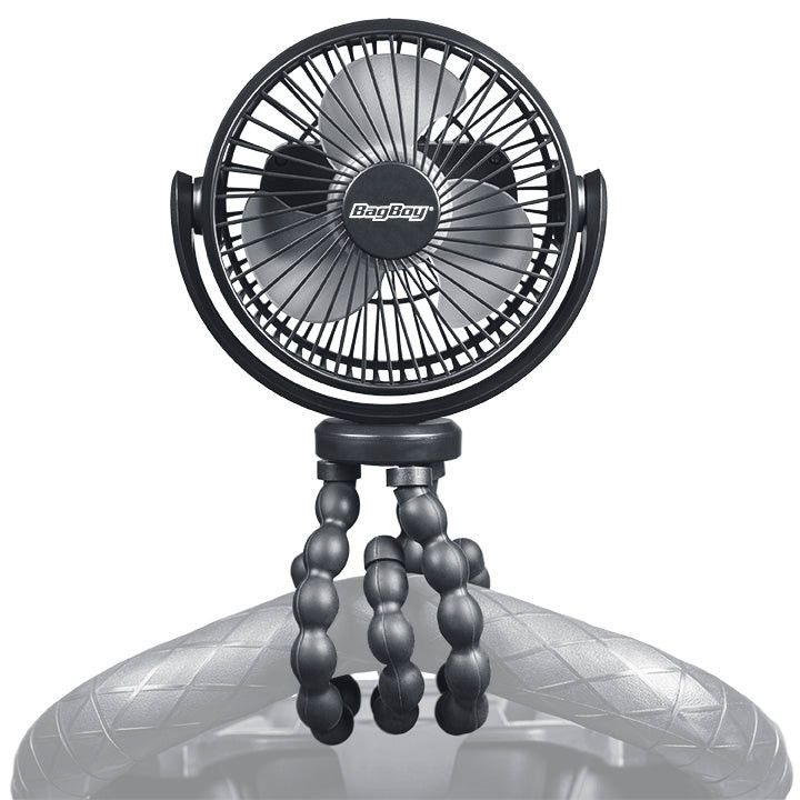 FRONT VIEW OF BAG BOY UNISEX CART FAN 2.0 GOLF ACCESSORY WITH TRIPOD LEGS AND KEEPS YOU COOL