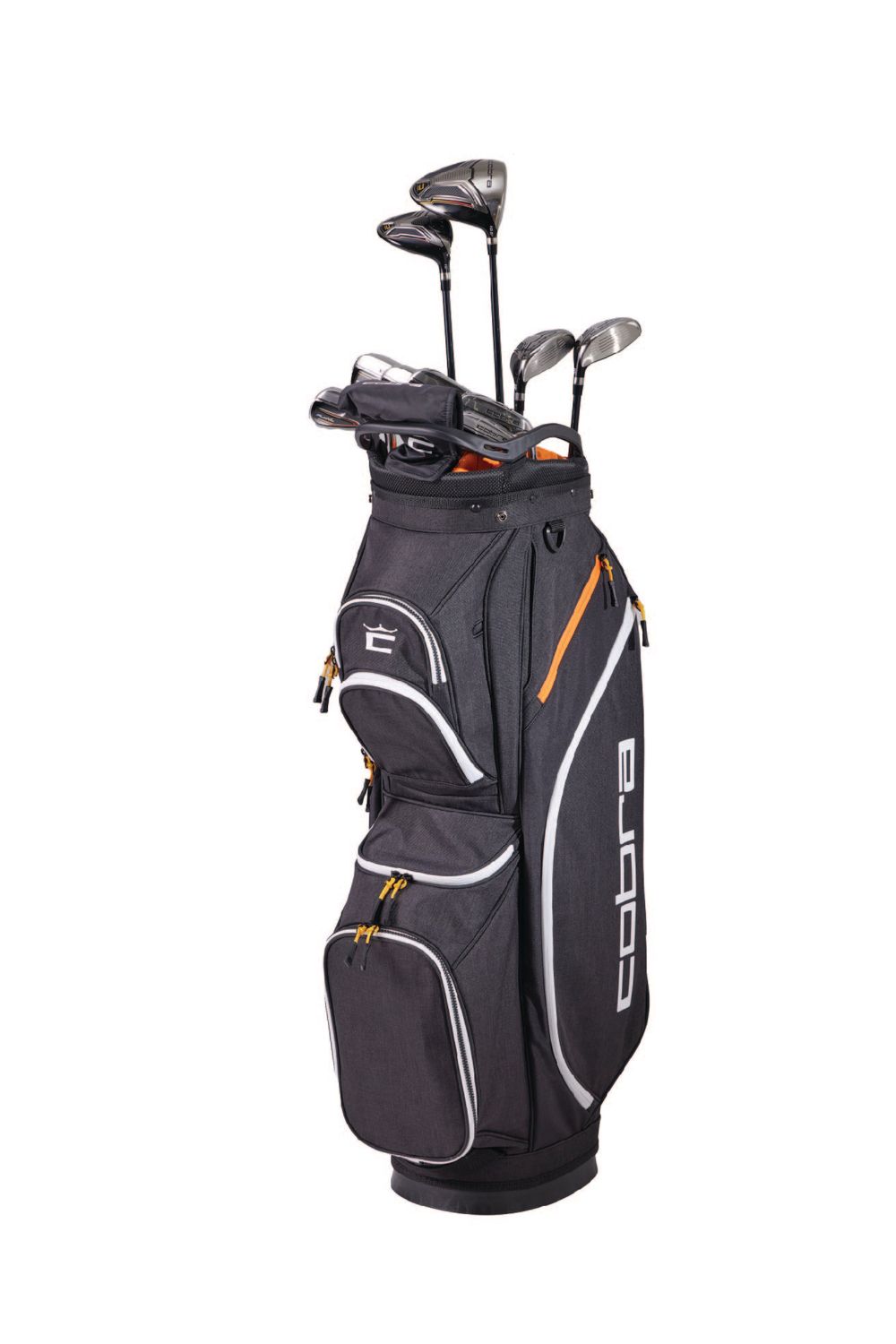 FULL SET VIEW OF COBRA MENS FLY-XL CART BAG BOX SET WITH FORGIVING GOLF CLUBS AND FULL BAG
