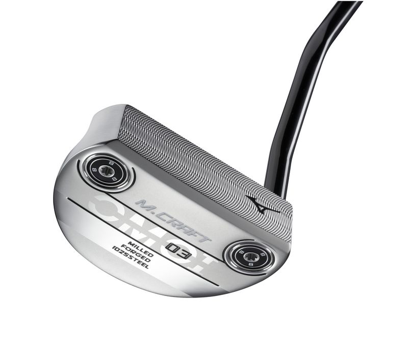 FRONT VIEW OF MIZUNO UNISEX M-CRAFT OMOI TYPE 03 PUTTER WITH MILLED FACE AND MALLET PUTTER DESIGN