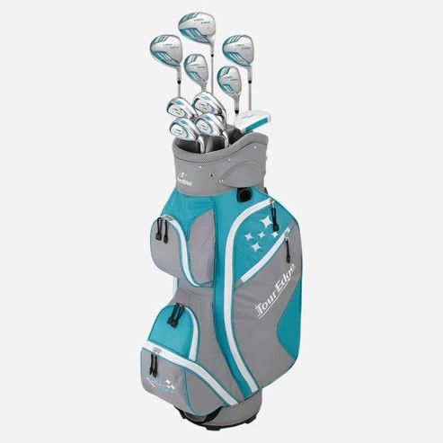 FULL SET VIEW OF TOUR EDGE WOMENS 11-PIECE LADY EDGE CART BAG BOX SET WITH MAXIMUM DISTANCE