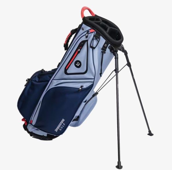SIDE VIEW OF BRIDGESTONE UNISEX GAMBLER LIGHTWEIGHT 4-WAY STAND BAG WITH 4-WAY DIVIDER TOP