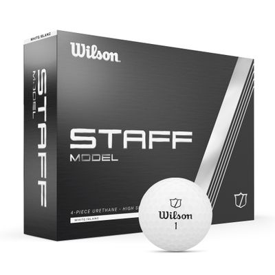 FRONT VIEW OF WILSON UNISEX STAFF MODEL GOLF BALL WITH DISTANCE OFF THE TEE AND MORE SPIN
