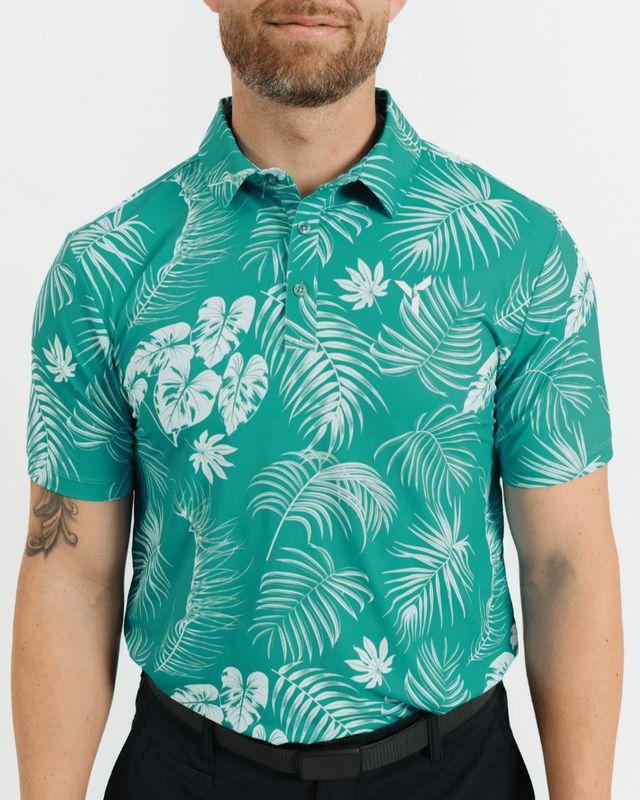 FRONT VIEW OF YATTA MENS TEAL PARADISE POLO WITH 4-WAY STRETCH AND ALL DAY GOLF COURSE COMFORT