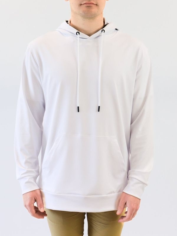 FRONT VIEW OF YATTA MENS WHITE SOLID HOODIE WITH 4-WAY STRETCH AND ALL DAY GOLF COURSE COMFORT