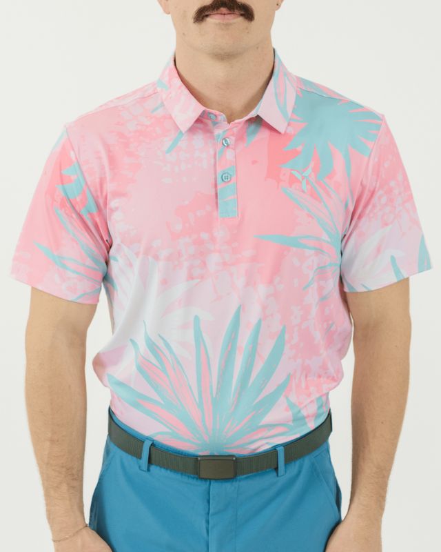 FRONT VIEW OF YATTA MENS PALM PEACH POLO WITH 4-WAY STRETCH AND ALL DAY GOLF COURSE COMFORT