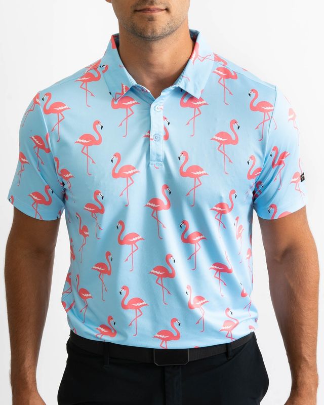 FRONT VIEW OF YATTA MENS FLAMINGO PAR-TEE POLO WITH 4-WAY STRETCH AND MOISTURE WICKING