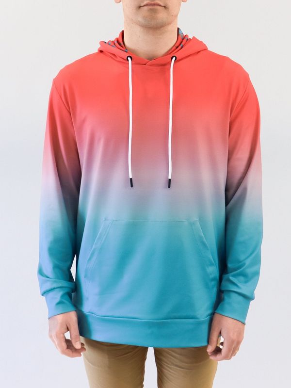 FRONT VIEW OF YATTA MENS BEACHY SUNSET HOODIE WITH 4-WAY STRETCH AND MOISTURE WICKING