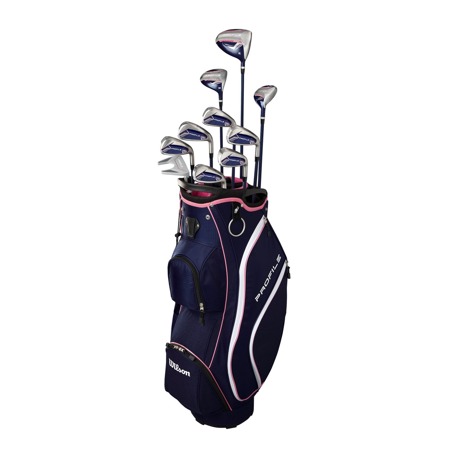 FULL SET VIEW OF WILSON WOMENS 11-PIECE PROFILE COMPLETE CART BAG BOX SET WITH IMPROVED LAUNCH