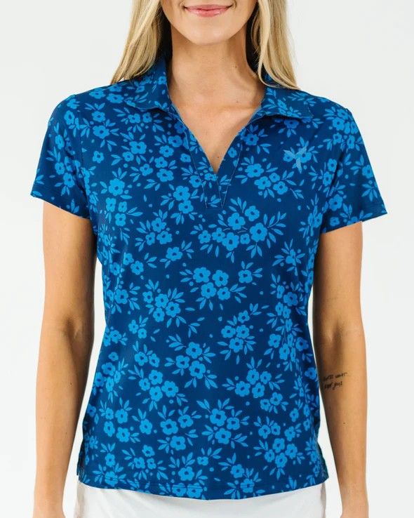 MAIN IMAGE OF YATTA WOMENS NAVY DAISY POLO IN NAVY DAISY XS WITH 4-WAY STRETCH AND MOISTURE WICKING
