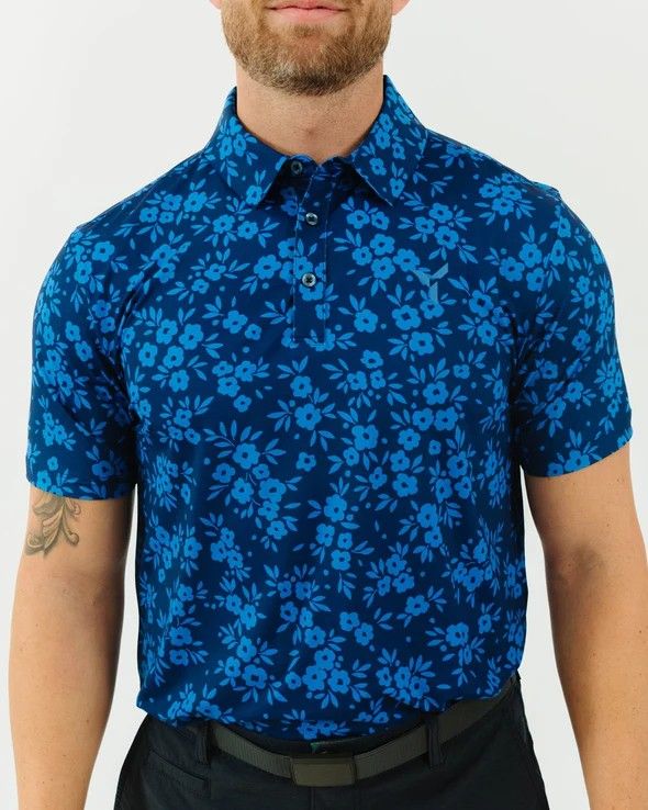 FRONT VIEW OF YATTA MENS NAVY DAISY POLO WITH 4-WAY STRETCH AND ALL DAY GOLF COURSE COMFORT