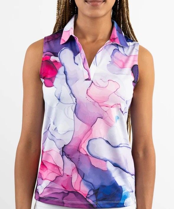 FRONT VIEW OF YATTA WOMENS PURPLICIOUS SLEEVELESS POLO WITH 4-WAY STRETCH AND MOISTURE WICKING