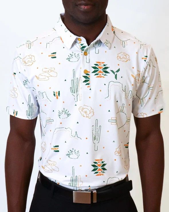FRONT VIEW OF YATTA MENS WASTE LAND LIMITED EDITION POLO WITH 4-WAY STRETCH AND MOISTURE WICKING