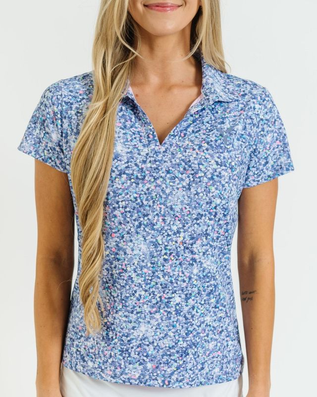 FRONT VIEW OF YATTA WOMENS GLITTER POLO WITH 4-WAY STRETCH AND ALL DAY GOLF COURSE COMFORT