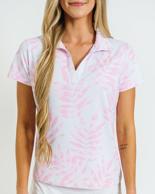 FRONT VIEW OF YATTA WOMENS PINK FROST POLO WITH 4-WAY STRETCH AND ALL DAY GOLF COURSE COMFORT