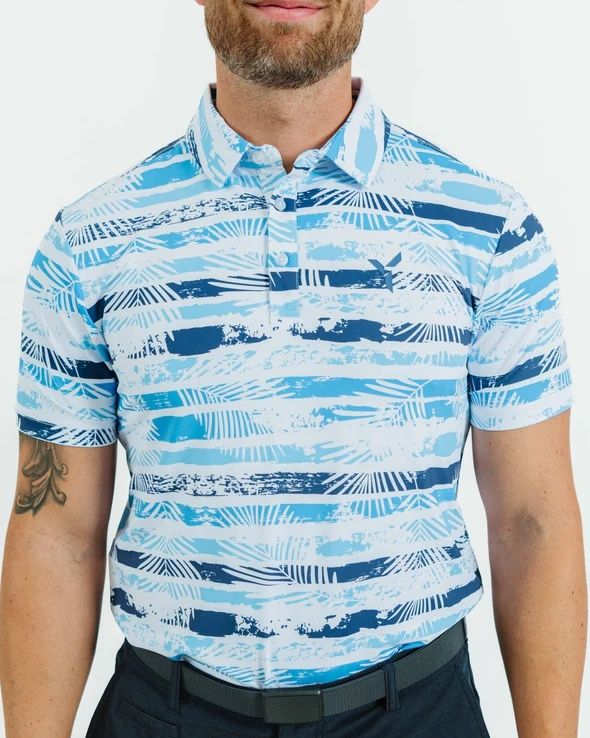 FRONT VIEW OF YATTA MENS TROPICAL BLUES POLO WITH 4-WAY STRETCH AND ALL DAY GOLF COURSE COMFORT