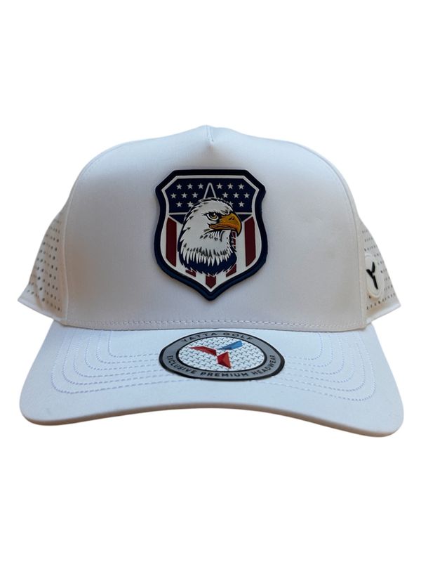 FRONT VIEW OF YATTA UNISEX PVC EAGLE &amp; SHIELD LOGO PATCH 5 PANEL HAT WITH BREATHABILITY