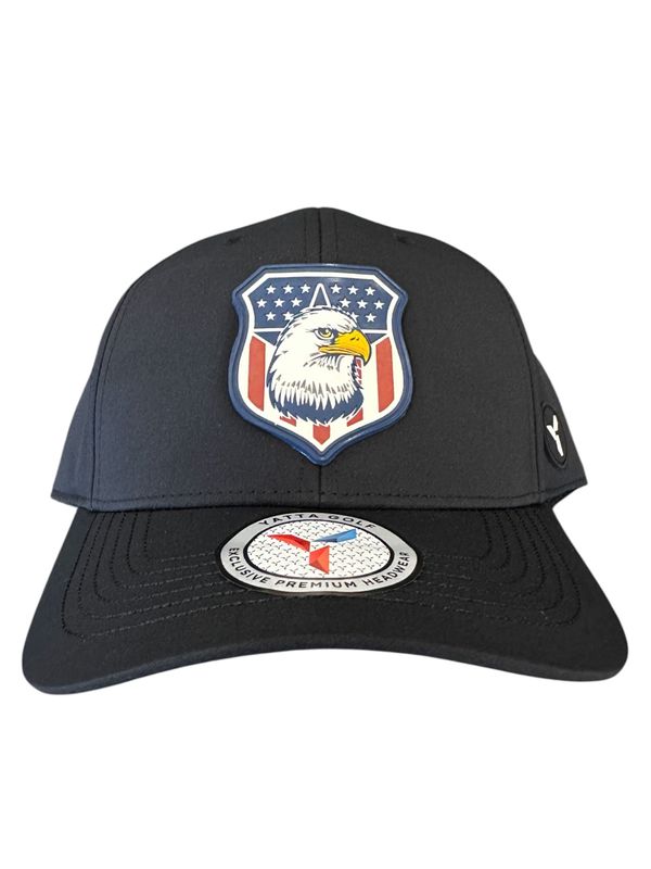 FRONT VIEW OF YATTA UNISEX PVC EAGLE &amp; SHIELD LOGO PATCH 6 PANEL HAT WITH BREATHABILITY