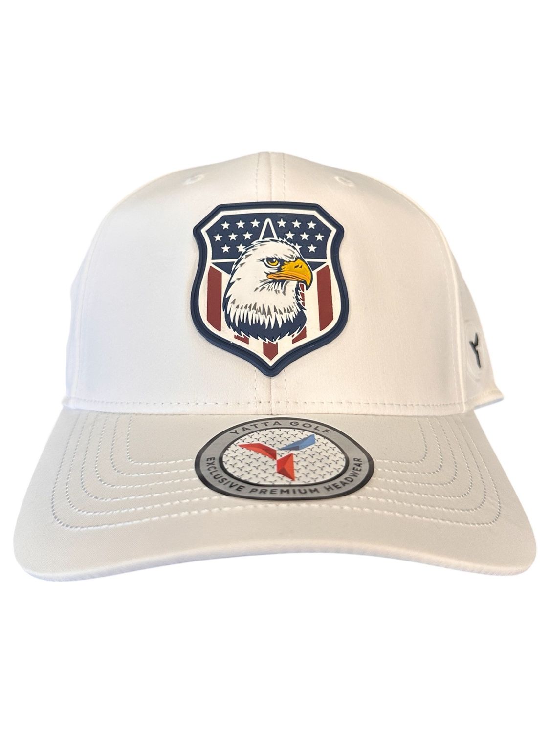 MAIN IMAGE OF YATTA UNISEX PVC EAGLE &amp; SHIELD LOGO PATCH 6 PANEL HAT IN WHITE ADJUSTABLE