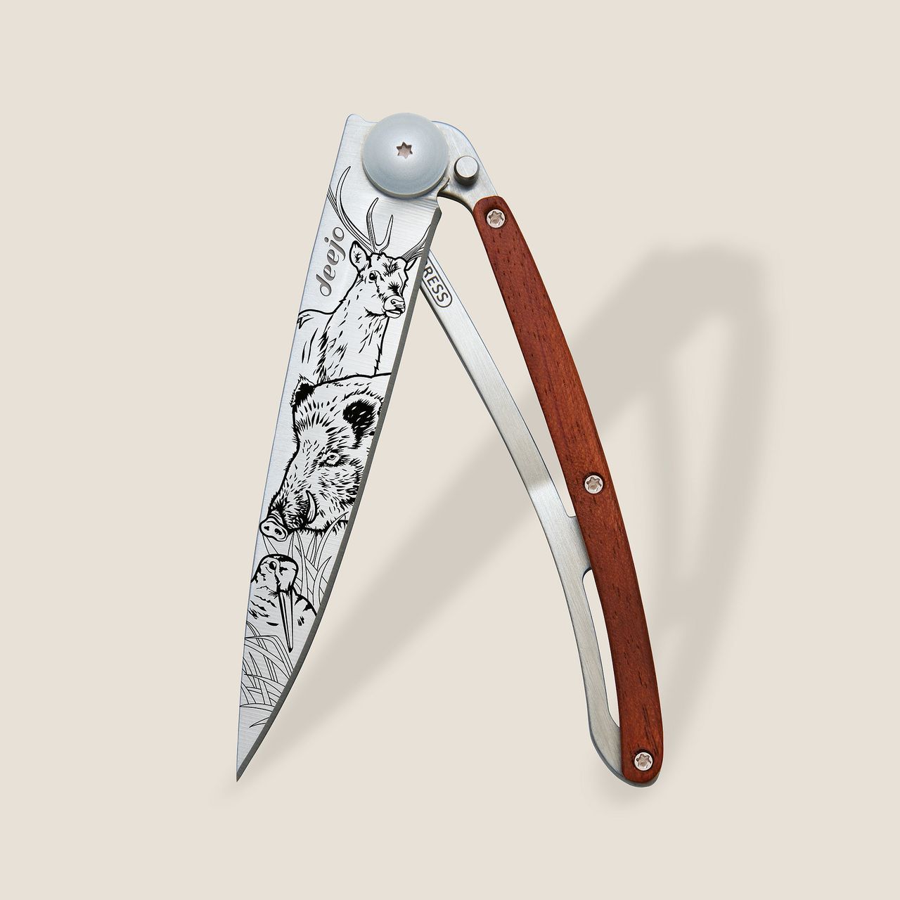 MAIN IMAGE OF DEEJO 37G HUNTING SCENE KNIFE IN CORAL WOOD WITH ULTRA LIGHTWEIGHT AND DURABILITY