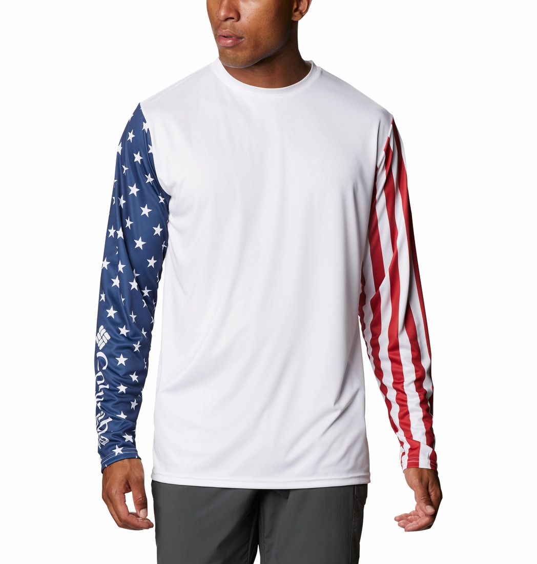 COLUMBIA MENS TERMINAL TACKLE PFG™ AMERICANA LONG SLEEVE SHIRT 25, Color: WHITE/CARBON/RED SPARK, Size: MEDIUM